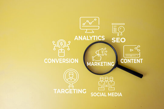 Digital marketing strategy and SEO concept. A magnifying glass focusing on marketing icons including analytics, content, and social media on a solid yellow background.