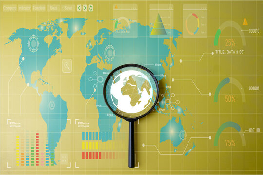 Global data analysis and market research concept. Magnifying glass over a digital world map with futuristic HUD data dashboards and charts on a yellow background.