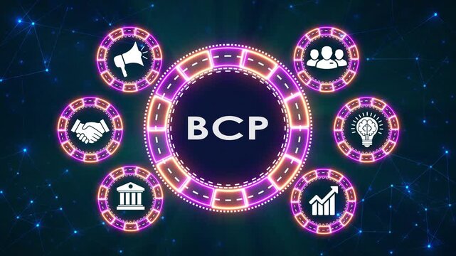 Business continuity plan abbreviation concept with digital circular glowing interface.
