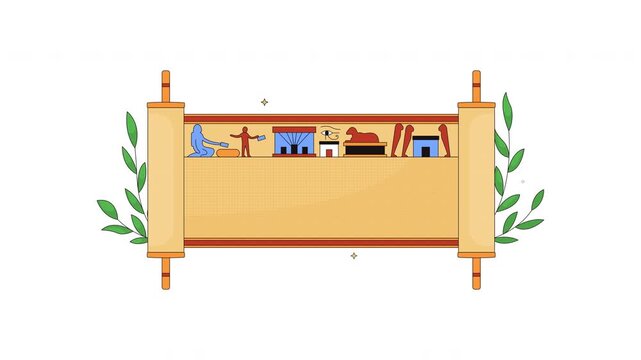 Ancient Egyptian papyrus scroll with hieroglyphic symbols cartoon animation. Historical parchment document. Manuscript artifact animated flat 2D object 4K video isolated on transparent background