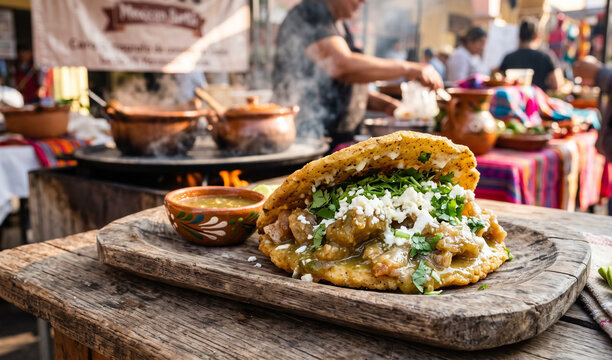 A rich thick corn Gordita split open and stuffed generously on a rustic wooden platter, Crispy fried corn pocket filled with savory chicharr�n en salsa verde (pork rind in green sauce), melting queso 