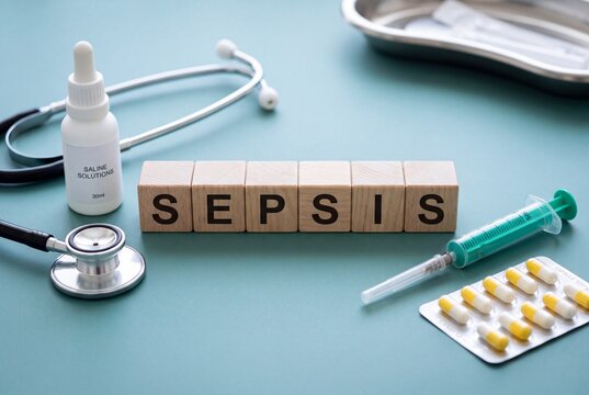 Wooden blocks spelling out SEPSIS arranged on a light blue table alongside medical tools including a stethoscope, saline solution, a syringe, and capsules.