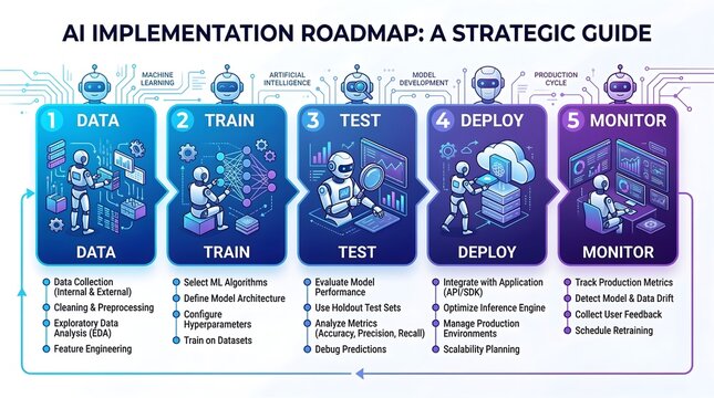 AI implementation roadmap infographic, strategic guide for artificial intelligence development, 5 step machine learning workflow diagram