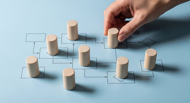 Business Process Flowchart with Wooden Pegs and Hand Placing Final Piece