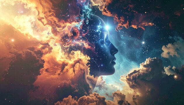 Cosmic Mind - Silhouette of a Head Amidst Celestial Clouds.
