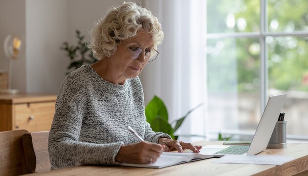 Persona anciana realizando actividades cognitivas en una mesa lectura, escritura. Expresi&oacute;n concentrada y serena