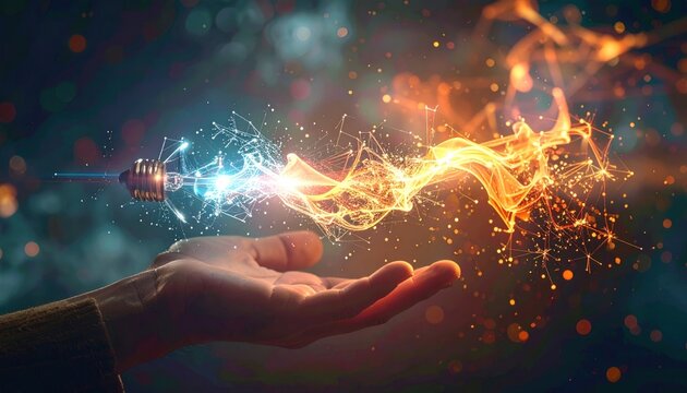 Hand holding a light bulb emitting energy sparks.