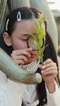 Asian Girl Using Magnifying Glass to Examine Plant in Park