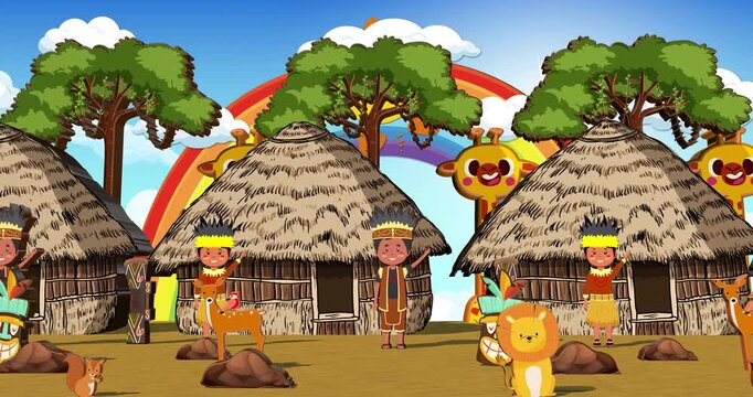 House in the forest. Tribe of Papua, Indonesia (Kids Theme). Motion graphics Animation background Visual loops. 4K