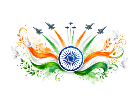 Happy Indian Independence Day of India Concept Banner Featuring Ornamental Tricolor Saffron Green Leaves and Military Jet Flypast.
