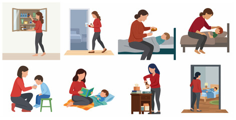 Fototapeta premium Mother Caring for Sick Child Illustration Set, Mom Giving Medicine and Nursing Ill Son at Home