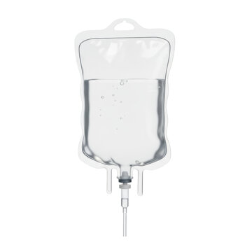 Transparent medical iv drip bag filled with clear saline solution, flexible plastic texture with air bubbles, isolated on white background, clinical purity concept