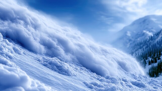 A vast snow-covered mountain terrain with rolling clouds under a vibrant blue sky, creating a serene, chilly ambiance