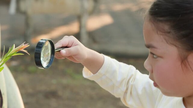 Asian Girl Using Magnifying Glass to Examine Plant in Lumpini Park