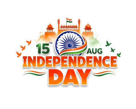 15th August Indian Independence Day Typography Banner with Ashoka Chakra, Flying Birds and Historical Monument Silhouette.