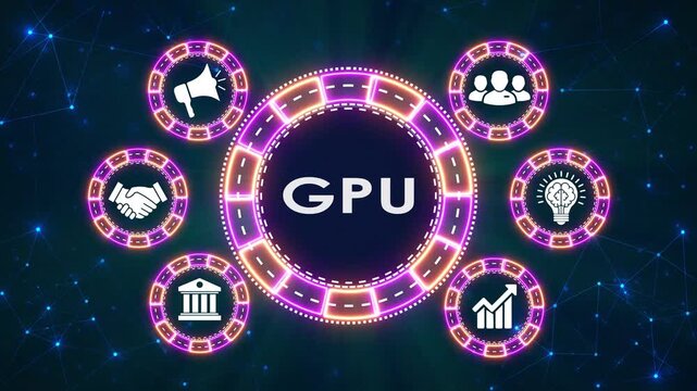 Gpu letters in the center with business icons in a circular motion around it.