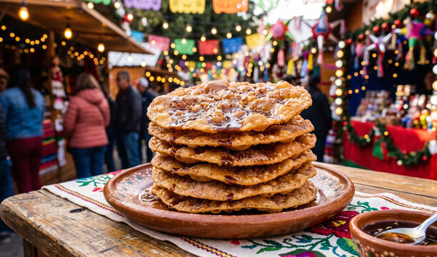 A rich stack of golden crispy Mexican Bunuelos on a clay platter, Thin, bubbly fried dough discs dusted with cinnamon sugar, drizzled with glossy dark piloncillo (unrefined cane sugar) syrup infused w