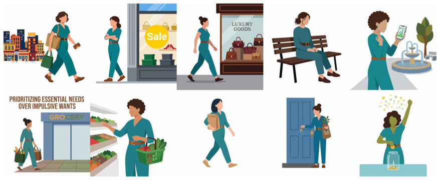 Conceptual illustration set of a woman managing finances by prioritizing essential needs over impulsive wants