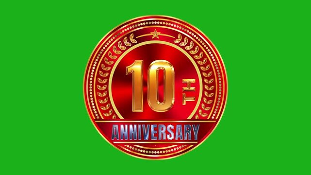 Royal 10th anniversary golden crest emblem designed with reflective circular frame detail over green screen key 4k video