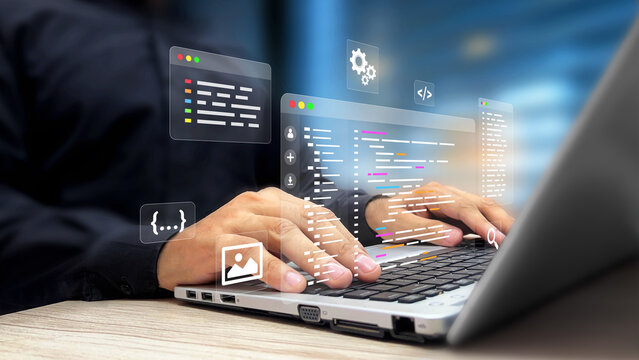 Developer Writing Code on a Laptop. Software Programming, Coding Development, Web Application Creation, Code Editor, Software Engineering, Digital Technology, Programming, Application Development