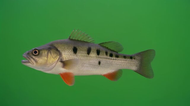 Perch fish swimming underwater against a vibrant green background with subtle bubbles during a cinematic studio shot