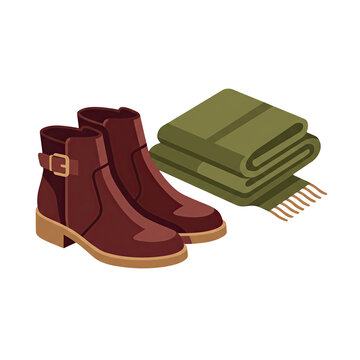 Brown Ankle Boots and Folded Green Blanket Isolated Illustration