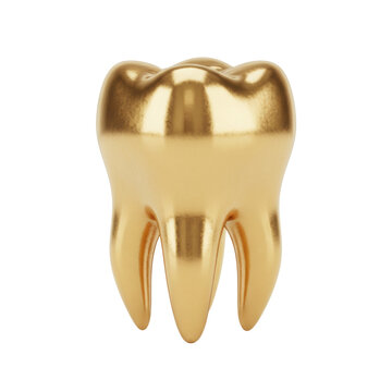 A single human molar tooth crafted from solid, polished gold, gleaming with intricate reflections, isolated on a transparent background, a concept of dental luxury and precision