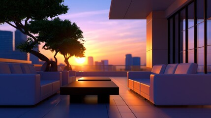 Obraz premium Modern open terrace with white sofas, table, and trees against sunset-lit skyline backdrop