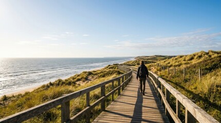 Obraz premium Wooden Boardwalk Along Peaceful Coastal Dunes