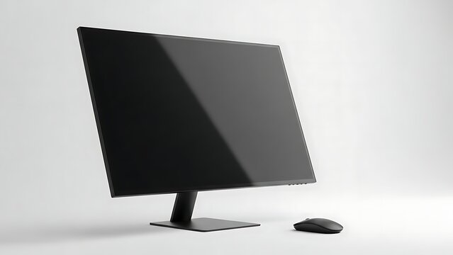 A computer monitor and mouse on a white surface