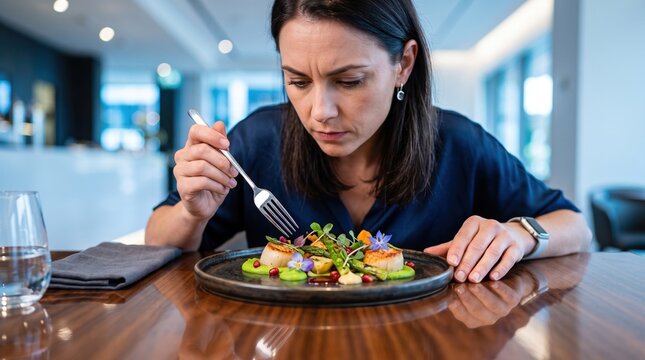 A focused woman examining a gourmet scallop dish in a fine dining restaurant