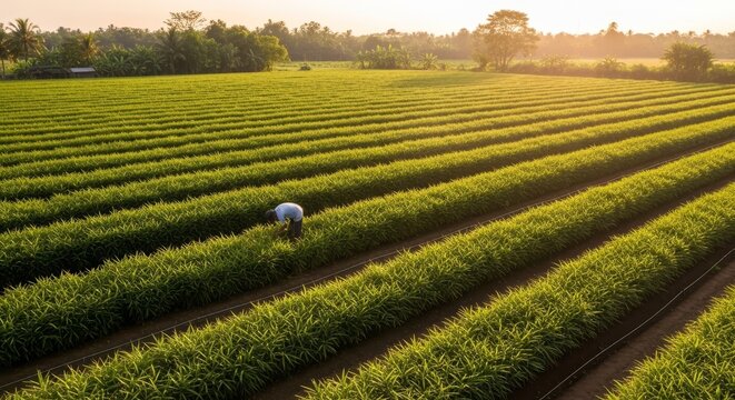 Farmer diligently harvesting ginger crops in a lush green agricultural field at sunrise