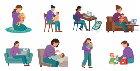 Fototapeta premium Vector set of a mother caring for her baby in various daily situations including health care, feeding and working from home