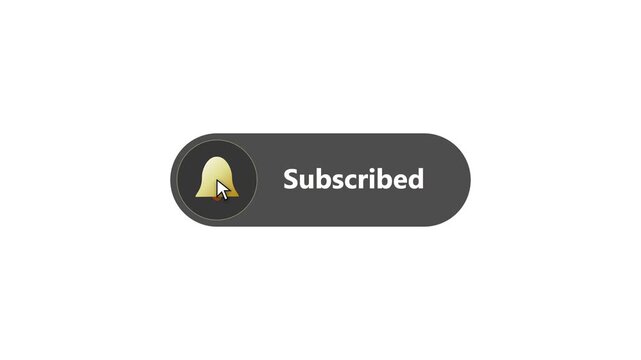 Subscribed button with gold notification bell icon and mouse cursor click for digital content subscription