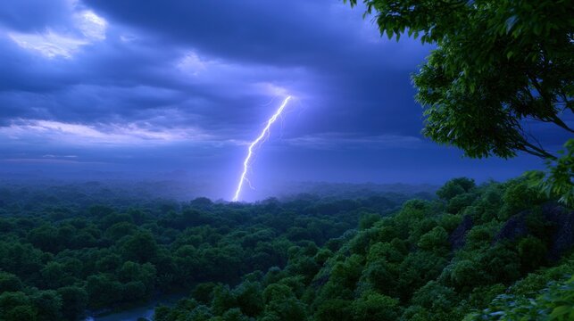 A vivid lightning bolt strikes a lush forest under a dramatic, cloudy sky, highlighting the horizon