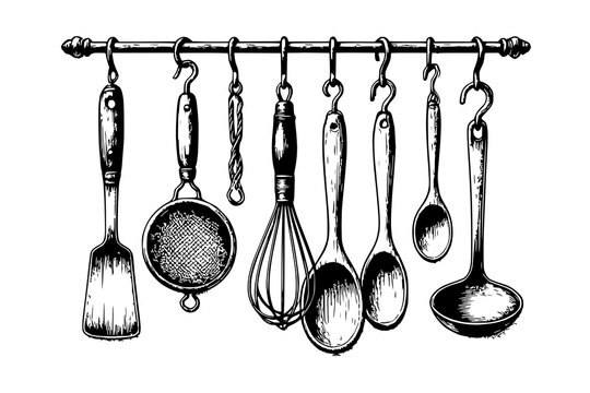 Kitchen tools dangle from a metallic wall bar to display essential culinary equipment for home cooking.