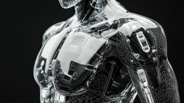 Transparent humanoid robot torso with glass skin visible mechanical organs futuristic cybernetic anatomy artificial intelligence medical concept isolated dark background high detail realistic indoor