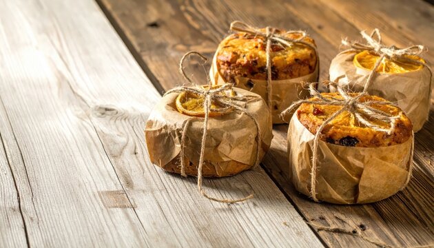 Four festive fruitcakes wrapped in brown paper and tied with twine, presented on rustic wooden planks
