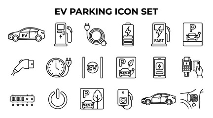 Fototapeta premium EV parking icon set. Electric vehicle charging station symbols and sustainable transport signs.
