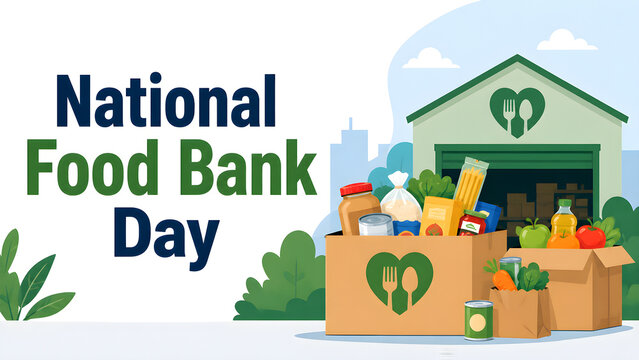 National Food Bank Day concept vector illustration with donation boxes full of groceries in front of charity warehouse. Community support, volunteering, and hunger relief banner.