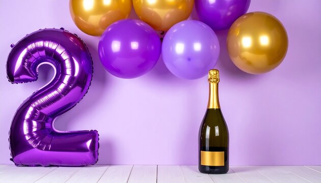 Number 2 Balloon with Champagne Bottle. Purple and Gold Theme for Birthday or Anniversary Celebration