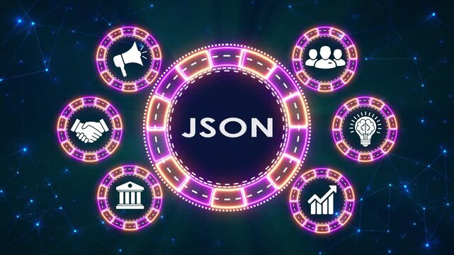 Abstract digital concept motion graphic featuring json label with neon cycle icons.