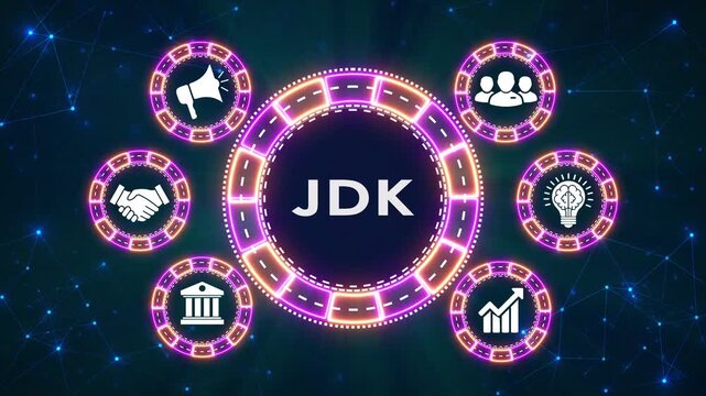 Jdk text concept with glowing digital neon icons on dark tech background animation.