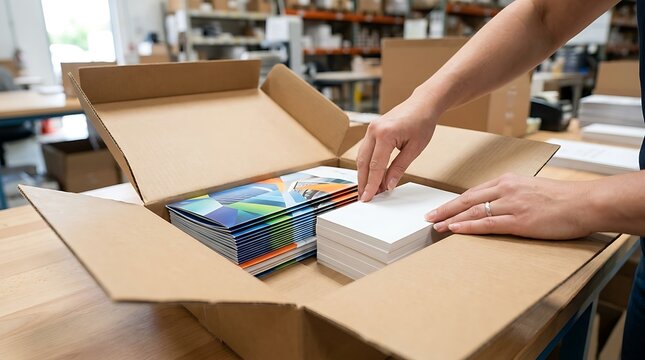 Professional worker packing printed brochures into a cardboard shipping box at a printing facility