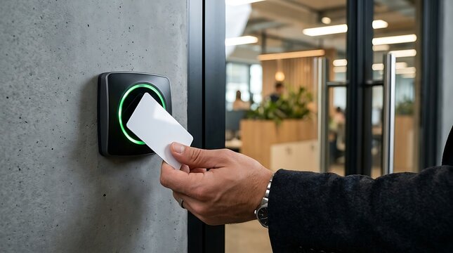 Employee using an access control card reader to enter a modern corporate office workspace
