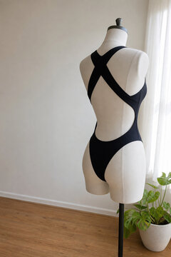 monokini. White dress form mannequin wearing black cutout-back monokini beside sheer curtain and potted plant, fashion retail interior concept, lifestyle magazines.