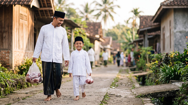 Indonesian Father and Son Carrying Qurban Meat in Village
