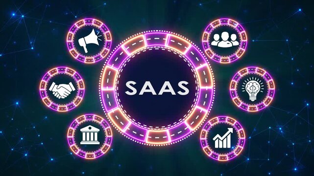 SaaS software as a service concept animation with icons spinning in a circle.