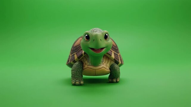Small turtle toy walking forward with subtle camera zoom in a studio setting with green background and soft lighting