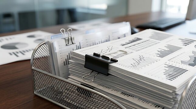 Stack of financial reports with charts inside a metal desk organizer tray
